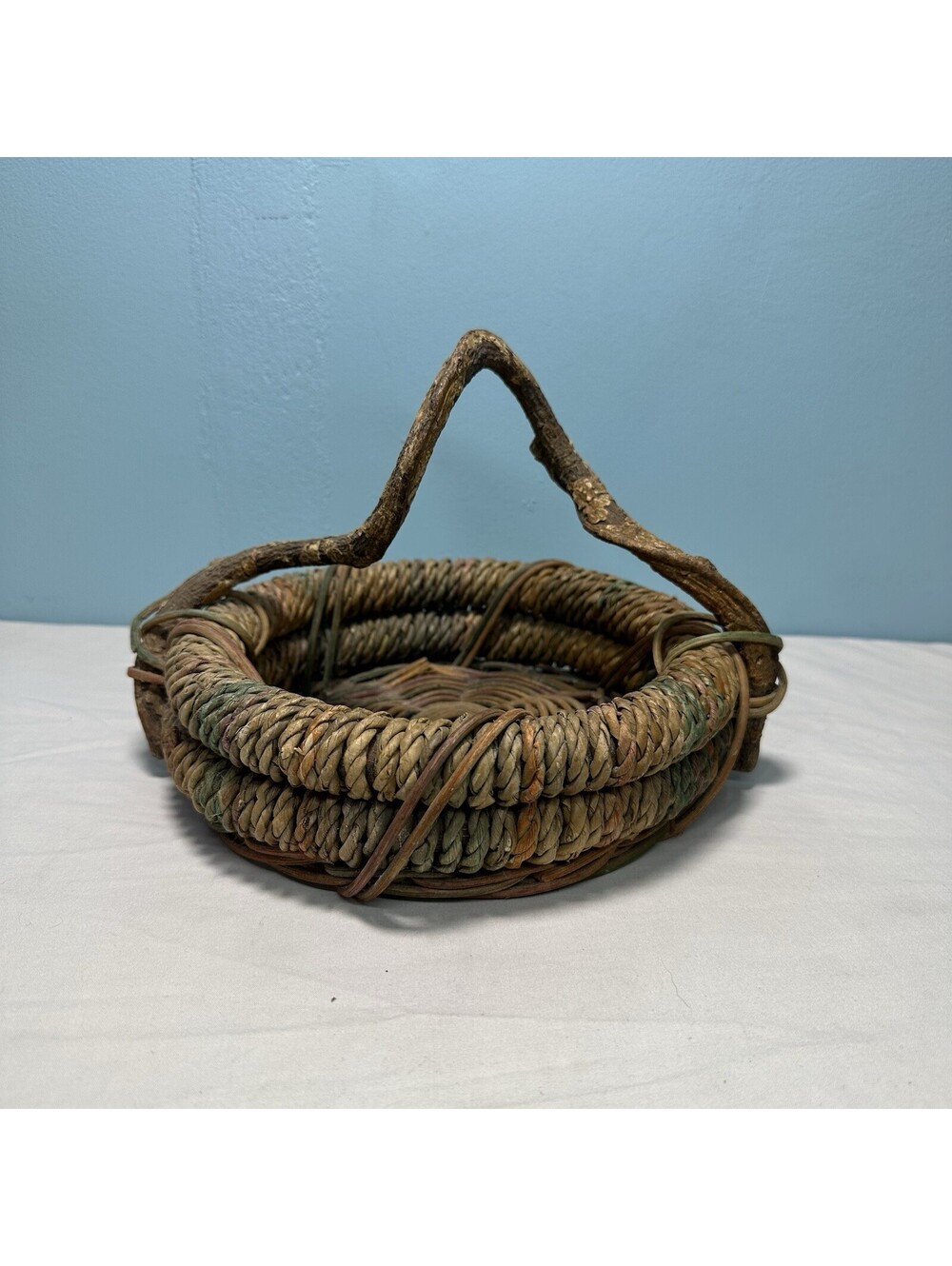 Vintage Rustic Twig Handle Woven Basket Boho Gathering Vine Handle Coil Wicker